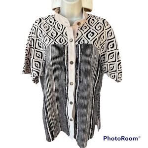 Vtg Produce Company Cotton Mandarin Collar Button Down Short Sleeve  Tribal Top